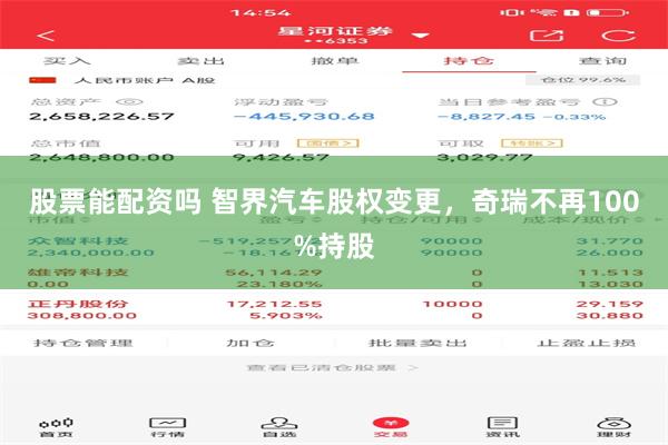 股票能配资吗 智界汽车股权变更，奇瑞不再100%持股